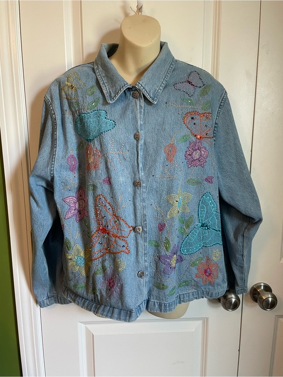 Tantrums Jackets & Blazers - Tantrums Beaded Embroidered Denim Jacket Large Flowers Butterflies 90s